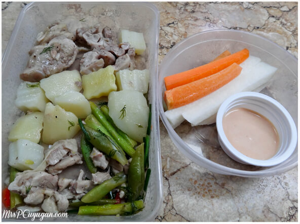 Lunch: Lemon Poached Chicken and Potato Salad, Vegetable Sticks and Dip