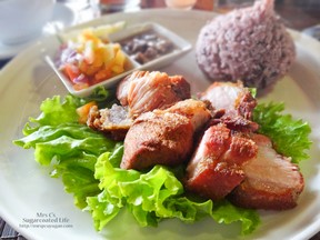 Baguio Bagnet (Php 300.00) Crispy friend pork belly served with bagoong (shrimp paste) and tomato relish.