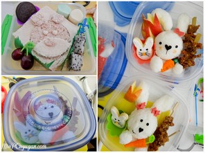 There's my sandwich bear, my packed up rice box, and my bunny bento side by side with Kaye's bunny